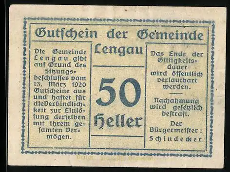 Notgeld Lengau 1920, 50 Heller, Darstellung des Schlosses Friedburg um 1700, mit Wappen