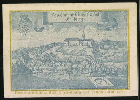 Notgeld Lengau 1920, 50 Heller, Darstellung des Schlosses Friedburg um 1700, mit Wappen