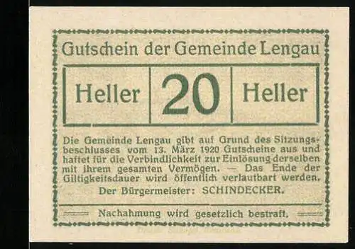 Notgeld Lengau 1920, 20 Heller, Schloss Friedburg Illustration und Text über Ausgabe und Gültigkeit