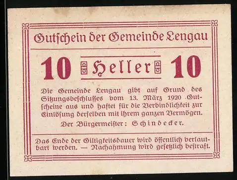 Notgeld Lengau 1920, 10 Heller, Schloss Freiberg und Wappen