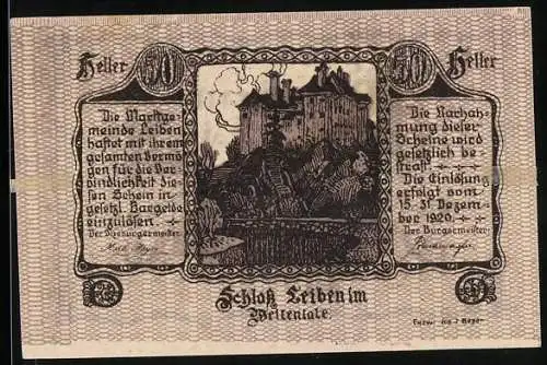 Notgeld Leiben 1920, 50 Heller, Schlossansicht im Thayatal