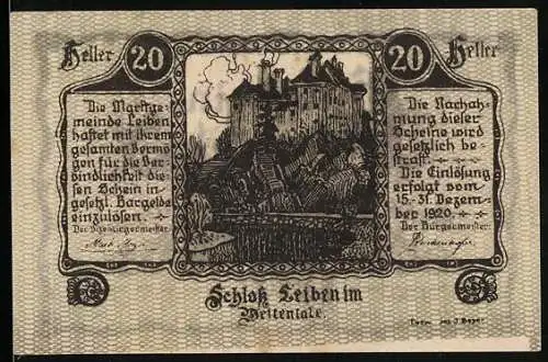 Notgeld Leiben 1920, 20 Heller, Schloss Leiben im Weitental, dekoratives Muster