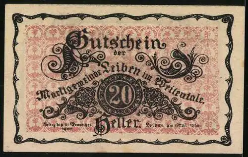 Notgeld Leiben 1920, 20 Heller, Schloss Leiben im Weitental, dekoratives Muster