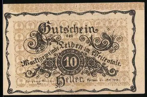 Notgeld Leiben 1920, 10 Heller, dekoratives Muster und Schloss Leiben im Hintergrund