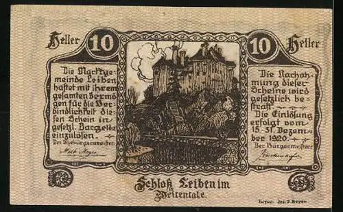 Notgeld Leiben 1920, 10 Heller, dekoratives Muster und Schloss Leiben im Hintergrund