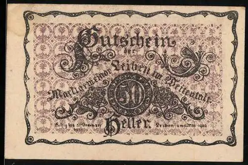 Notgeld Leiben 1920, 50 Heller, Schloss Leibnitz im Freientale, kunstvolle Verzierung