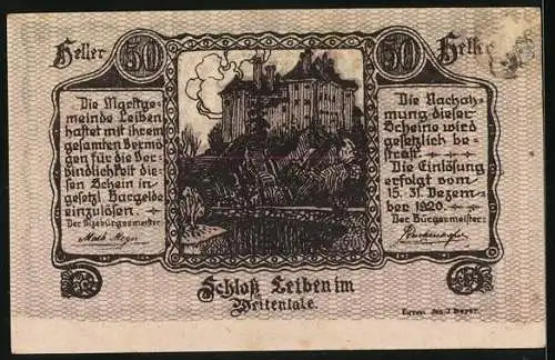 Notgeld Leiben 1920, 50 Heller, Schloss Leibnitz im Freientale, kunstvolle Verzierung