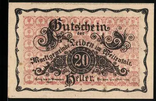 Notgeld Leiben 1920, 20 Heller, Schloss Leiben, Ornamentmuster und Textpassagen