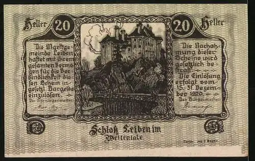 Notgeld Leiben 1920, 20 Heller, Schloss Leiben, Ornamentmuster und Textpassagen