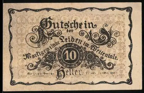 Notgeld Leiben 1920, 10 Heller, Schloss mit Ornamenten und Schriftzug