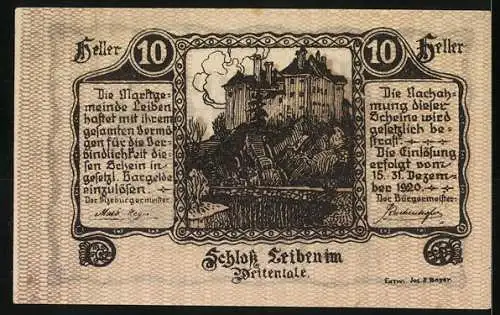 Notgeld Leiben 1920, 10 Heller, Schloss mit Ornamenten und Schriftzug