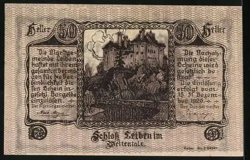 Notgeld Leiben 1920, 50 Heller, Schlossansicht und kunstvolle Verzierungen