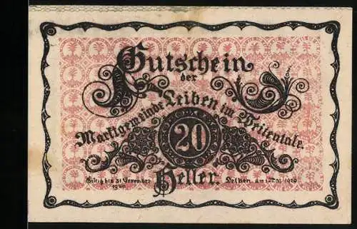 Notgeld Leiben 1920, 20 Heller, Schloss Leibnitz, ornamental Muster, Textfelder