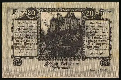 Notgeld Leiben 1920, 20 Heller, Schloss Leibnitz, ornamental Muster, Textfelder