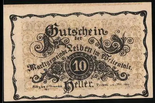 Notgeld Leiben 1920, 10 Heller, dekoratives Muster und Schloss Leiben im Hintergrund