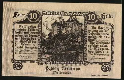 Notgeld Leiben 1920, 10 Heller, dekoratives Muster und Schloss Leiben im Hintergrund