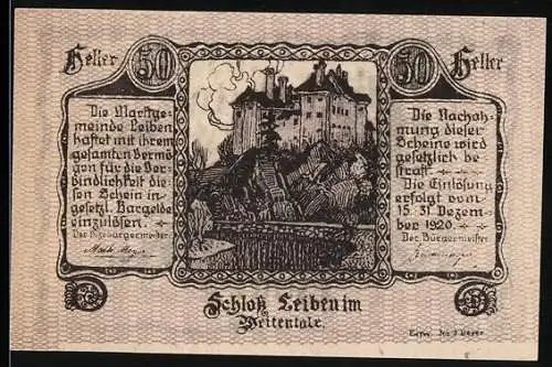 Notgeld Leiben 1920, 50 Heller, Schloss Leibnitz Motiv, floral Ornamentik