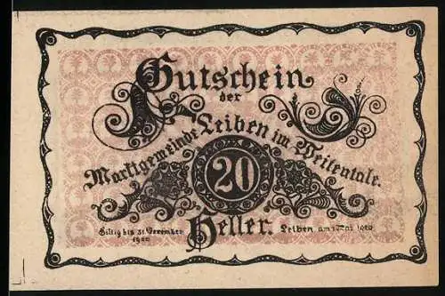 Notgeld Leiben 1920, 20 Heller, kunstvolles Design mit Schloss Leibnitz und dekorativen Elementen