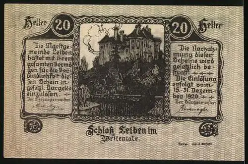 Notgeld Leiben 1920, 20 Heller, kunstvolles Design mit Schloss Leibnitz und dekorativen Elementen