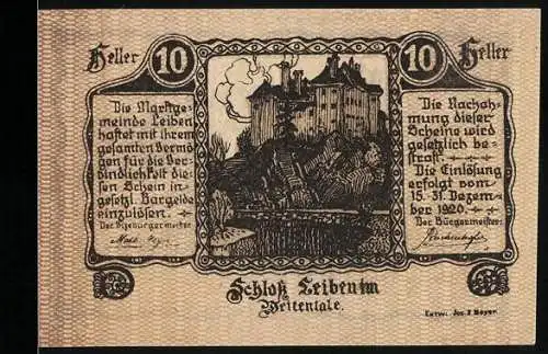 Notgeld Leiben 1920, 10 Heller, Schloss Leiben, kunstvolle Ornamente