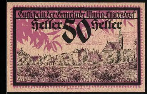 Notgeld Maria-Enzersdorf 1920, 50 Heller, Dorflandschaft mit Kirche, Wappen mit Eber