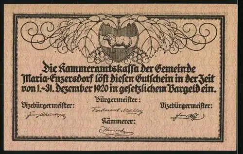 Notgeld Maria-Enzersdorf 1920, 50 Heller, Dorflandschaft mit Kirche, Wappen mit Eber