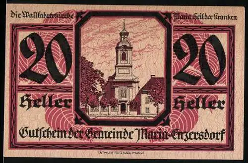 Notgeld Maria Enzersdorf 1920, 20 Heller, Wallfahrtskirche mit Widderwappen