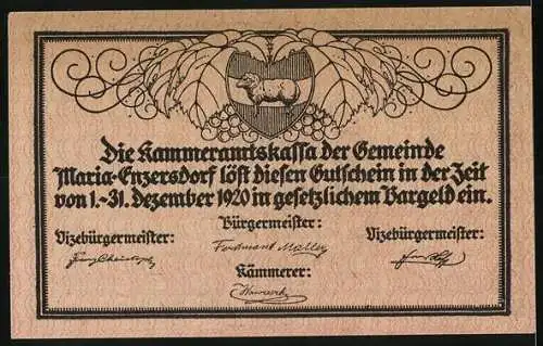 Notgeld Maria Enzersdorf 1920, 20 Heller, Wallfahrtskirche mit Widderwappen