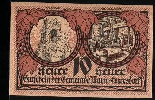 Notgeld Maria Enzersdorf 1920, 10 Heller, Ruine und alte Weinpresse, Wappen mit Widder