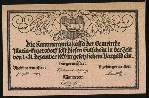 Notgeld Maria Enzersdorf 1920, 10 Heller, Ruine und alte Weinpresse, Wappen mit Widder