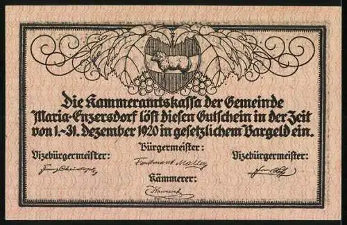 Notgeld Maria-Enzersdorf 1920, 50 Heller, Dorflandschaft und Wappen mit Traubenornamenten