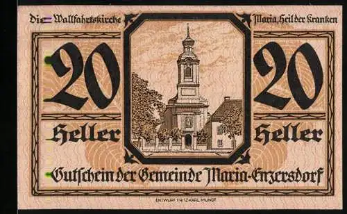 Notgeld Maria-Enzersdorf 1920, 20 Heller, Wallfahrtskirche und Gemeindewappen