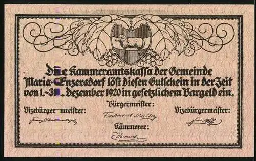 Notgeld Maria-Enzersdorf 1920, 20 Heller, Wallfahrtskirche und Gemeindewappen