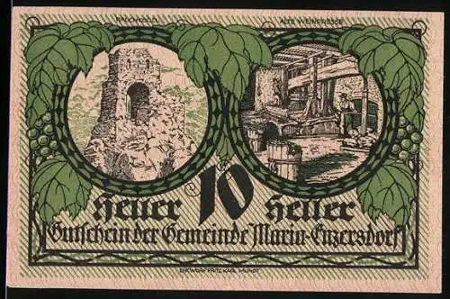 Notgeld Maria Enzersdorf 1920, 10 Heller, Burgruine und alte Weinpresse, Wappen mit Lamm