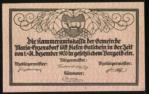 Notgeld Maria Enzersdorf 1920, 10 Heller, Burgruine und alte Weinpresse, Wappen mit Lamm