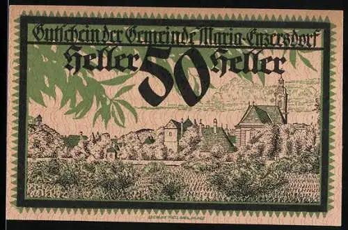 Notgeld Maria-Enzersdorf 1920, 50 Heller, Dorflandschaft mit Kirche, Wappen mit Lamm