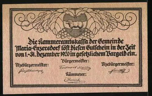 Notgeld Maria-Enzersdorf 1920, 50 Heller, Dorflandschaft mit Kirche, Wappen mit Lamm