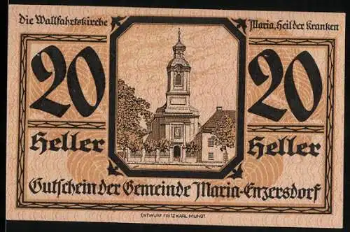 Notgeld Maria-Enzersdorf 1920, 20 Heller, Wallfahrtskirche und Wappen mit Lamm-Motiv, Seriennummer vorhanden