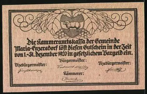 Notgeld Maria-Enzersdorf 1920, 20 Heller, Wallfahrtskirche und Wappen mit Lamm-Motiv, Seriennummer vorhanden