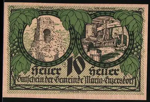 Notgeld Maria-Enzersdorf 1920, 10 Heller, Burgruine und Mühle, Wappen mit Lamm