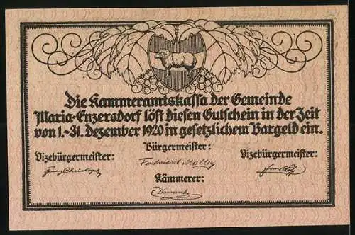 Notgeld Maria-Enzersdorf 1920, 10 Heller, Burgruine und Mühle, Wappen mit Lamm