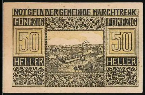 Notgeld Marchtrenk 1920, 50 Heller, Stadtansicht und florales Muster