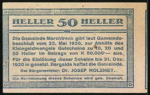 Notgeld Marchtrenk 1920, 50 Heller, Stadtansicht und florales Muster