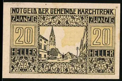 Notgeld Marchtrenk 1920, 20 Heller, Stadtansicht mit Kirche