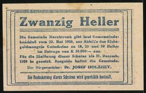 Notgeld Marchtrenk 1920, 20 Heller, Stadtansicht mit Kirche