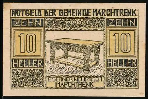 Notgeld Marchtrenk 1920, 10 Heller, Eiserner Wehrtisch-Motiv