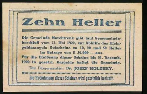 Notgeld Marchtrenk 1920, 10 Heller, Eiserner Wehrtisch-Motiv