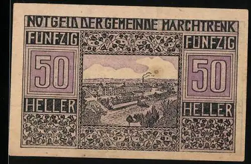 Notgeld Marchtrenk 1920, 50 Heller, Stadtansicht mit Ornamenten