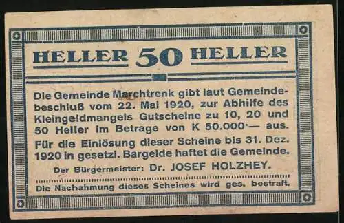 Notgeld Marchtrenk 1920, 50 Heller, Stadtansicht mit Ornamenten