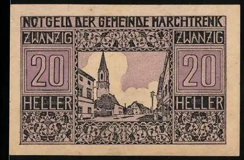 Notgeld Marchtrenk 1920, 20 Heller, Kirche und Dorfansicht